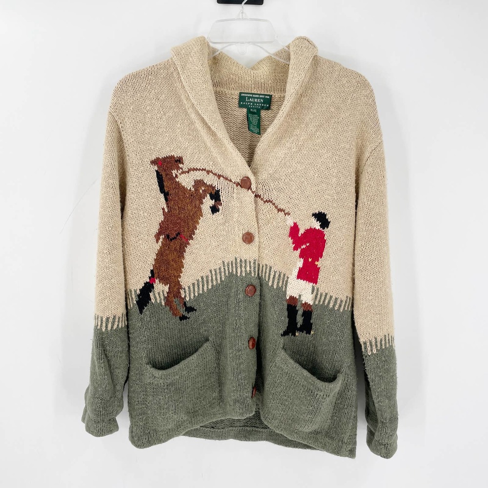 RARE Lauren Ralph Lauren Equestrian Hand Knit Linen Cardigan READ DESCRIPTION